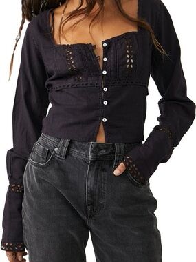 Free People Navy Crochet-Trim Button Front Long-Sleeve Top